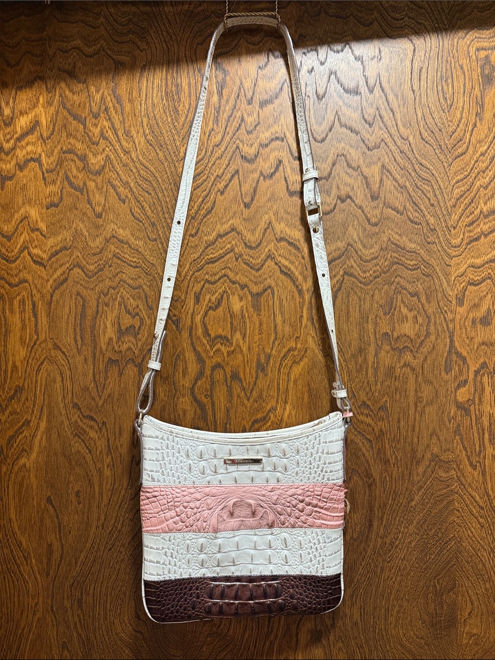 Brahmin Pink White Brown Croc-Embossed Crossbody Bag